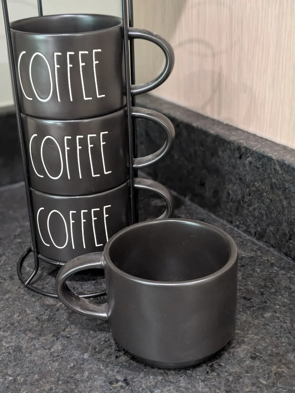 Rae Dunn Black Stackable Coffee Mug Tower with White 'COFFEE' Lettering